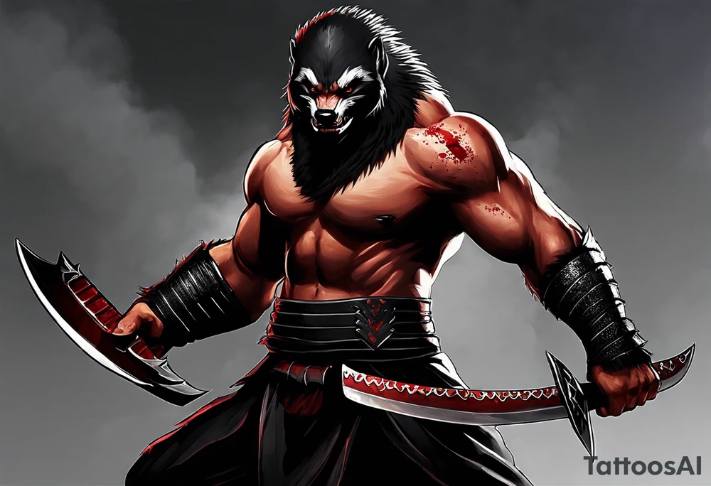 Draw me psychopath Fearless Honey Badger/Berserker with aggressive full body, killer face with a scary smile, very long nails and he attacks like a Bloody Assassin/Warrior/Gladiator to us and also, he has very deadly looking. He fights with his nails only. Everybody scares after their first sight. Give me horror type Badger Tattoo. I want to see his Realistic full body with no weapons. You can show destruction at the back. tattoo idea