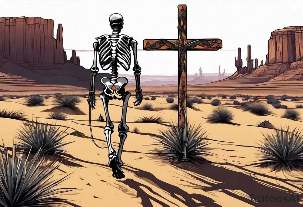 skeleton walking towards a cross in a desert tattoo idea