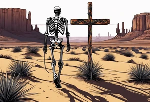 skeleton walking towards a cross in a desert tattoo idea