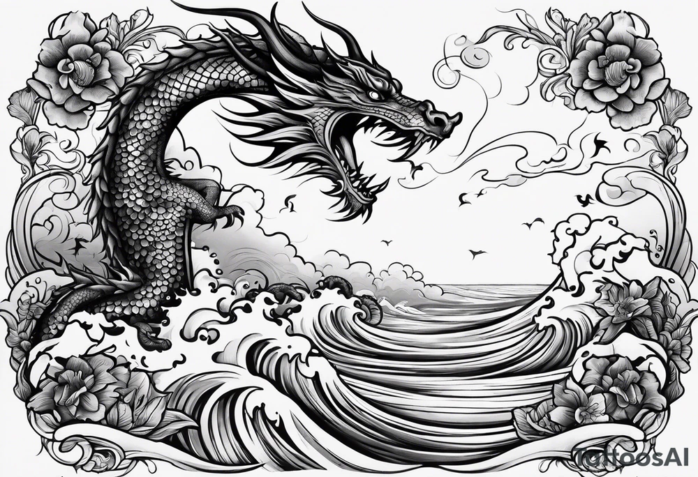 create me a tattoo with a dragon on a wave and a feild of violets and a man and a child walking together tattoo idea