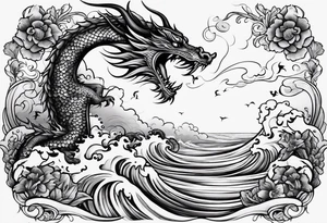 create me a tattoo with a dragon on a wave and a feild of violets and a man and a child walking together tattoo idea