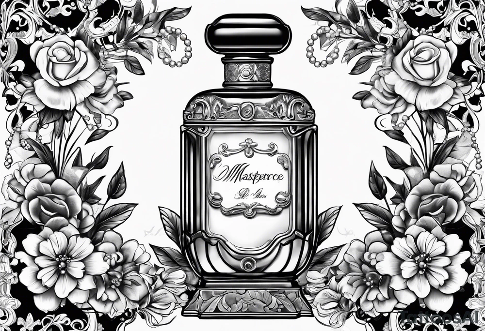 1950s perfume bottle with bows, pearls, lace, and flowers tattoo idea