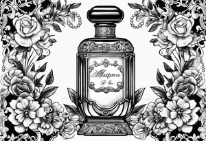1950s perfume bottle with bows, pearls, lace, and flowers tattoo idea