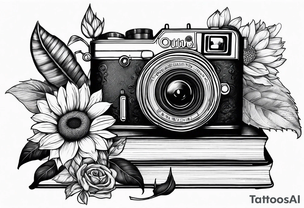 Sunflower, camera, book, owl, flower rose tattoo idea