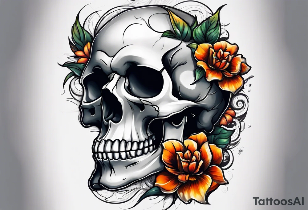 skull with one flower growing out of its head tattoo idea