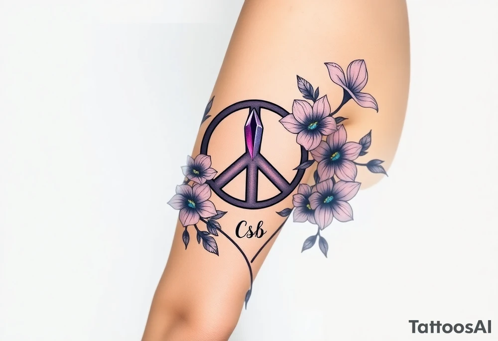 peace symbol intertwined with violets Pisces symbol, dog prints, amethyst, initials csb in cursive font tattoo idea