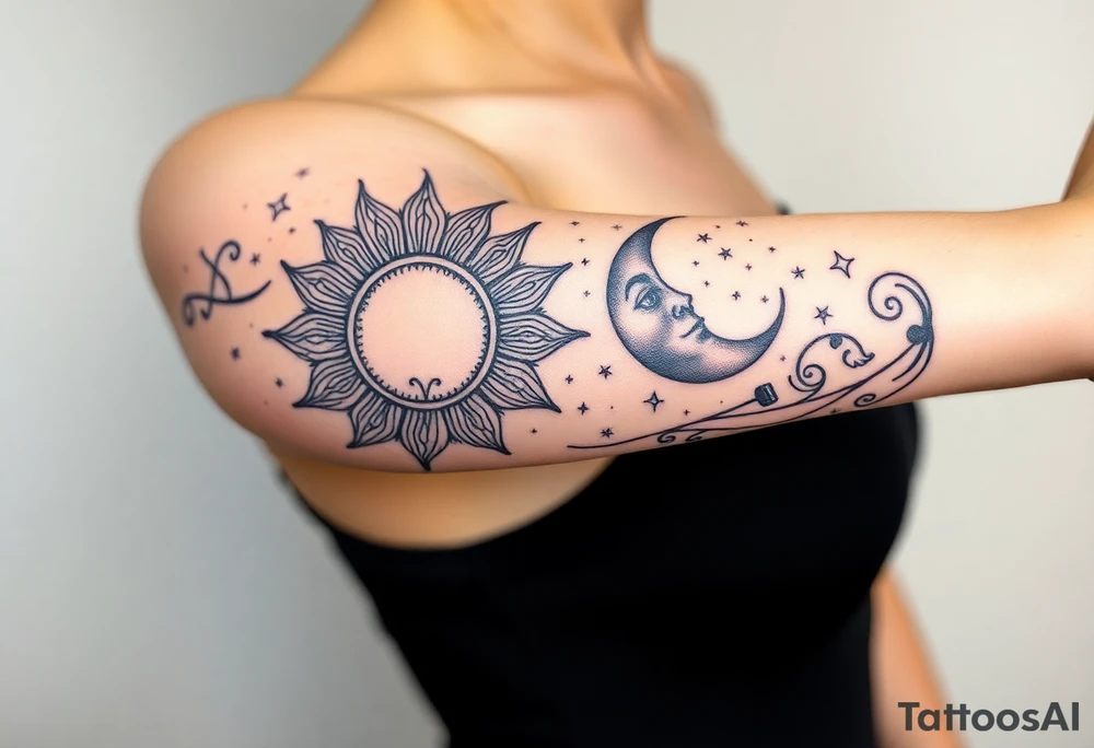 celestial sun and moon with constellation patterns runes in starry sky tattoo idea