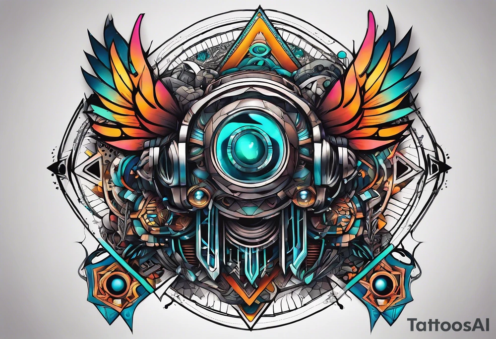 A tattoo design featuring geometric patterns and symbols inspired by psytrance and techno music, creating a unique and futuristic look. tattoo idea