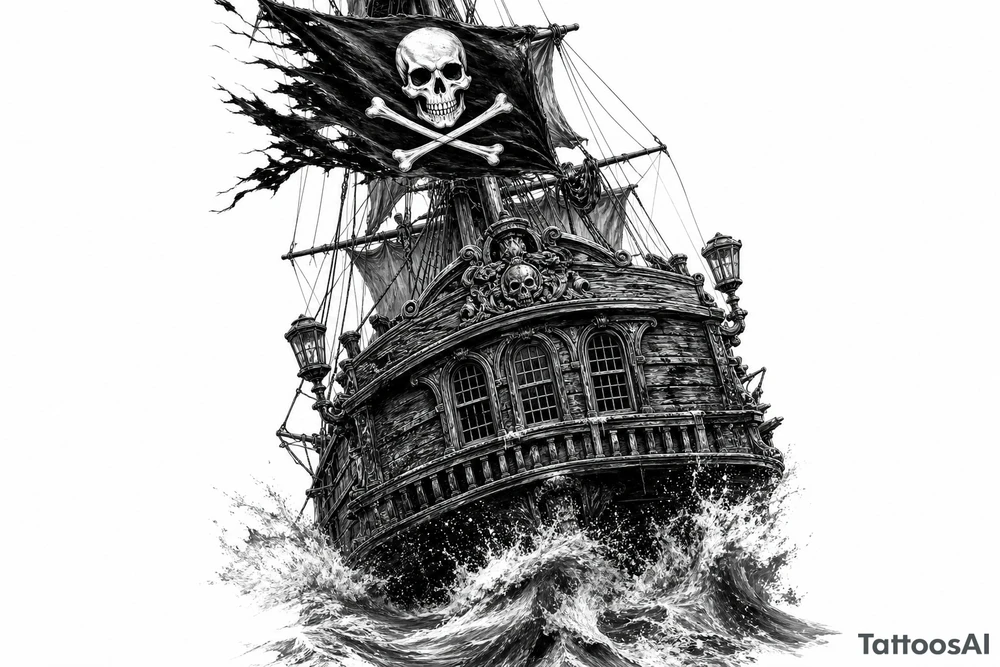 Detailed pirate ship stern, waves crashing over deck, tattered Jolly Roger flag. tattoo idea