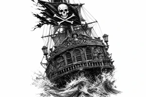 Detailed pirate ship stern, waves crashing over deck, tattered Jolly Roger flag. tattoo idea