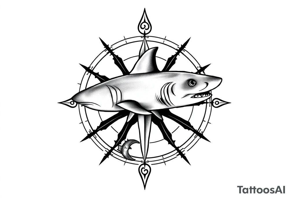"A top-down view of a shark seamlessly integrated with a compass rose. The shark is seen clearly from above, swimming across or around the compass, with its fins and tail visible in perfect symmetry. The compass features detailed directional lines and ornate engravings, blending naturally with the shark's form. Done in black and grey ink, the style is realistic with subtle dotwork and shading for depth. The design is minimal yet powerful, symbolizing direction, strength, and instinct. Perfect for a shoulder, chest, or forearm tattoo." tattoo idea