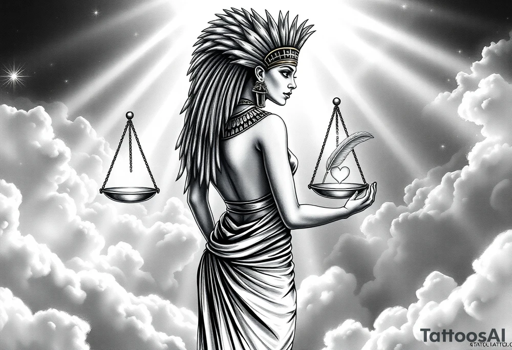 beautiful Egyptian goddess stands with her back slightly turned, accentuating her figure. Wearing a silk gown. She wears an elaborate ostrich feather headdress and ornate, intricate ancient Egyptian jewelry draped across her body. Her expression is mysterious and confident. In one hand, she holds the Scales of Justice: one side holds a radiant, glowing heart; the other, Ma’at’s feather. The scales themselves shimmer with an otherworldly light.
The background is a surreal, heavenly landscape filled with luminous clouds and beams of divine light piercing through, creating dramatic contrasts of deep shadows and highlights. The entire scene is bathed in an ethereal, mystical glow, with a dreamlike, almost supernatural atmosphere. tattoo idea