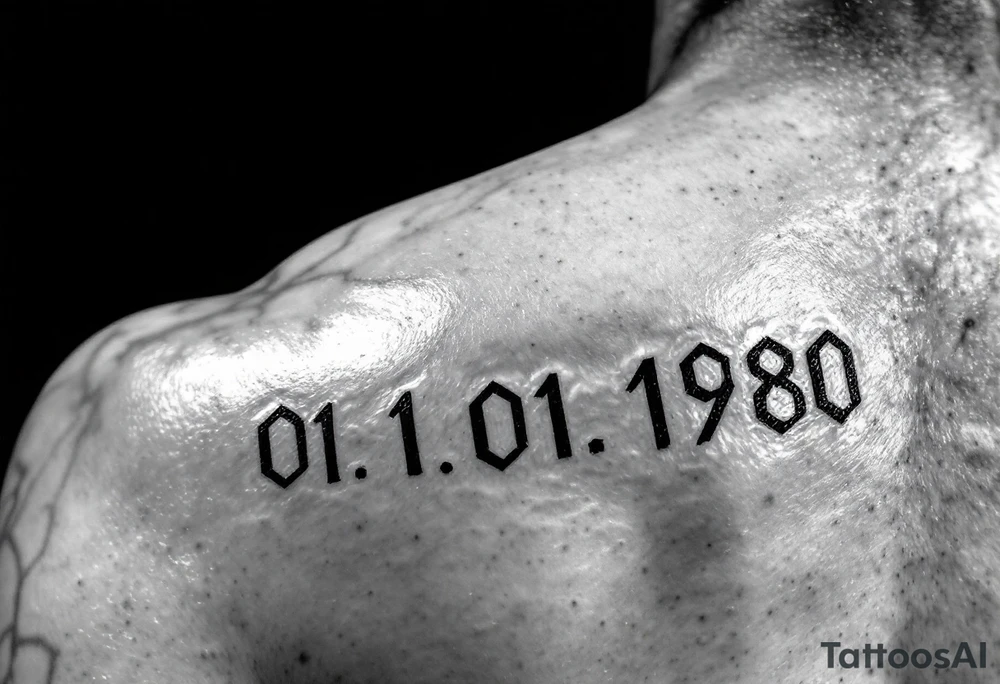 Masculine date 01.01.1980 in monospaced type with steel gray ink and thick lines. tattoo idea