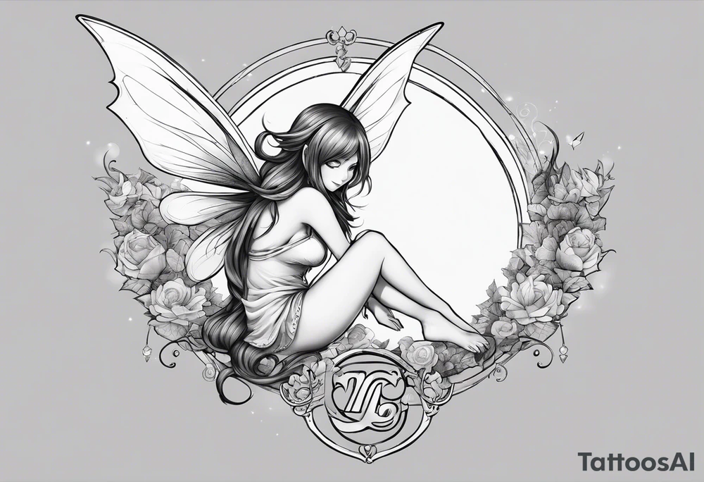 No color sketch of a fairy with a tail inspired by the guild symbol in the anime show called Fairy Tail in a fetal position leaning forward while crawled in and her body is an angle while floating in the air with big wings tattoo idea