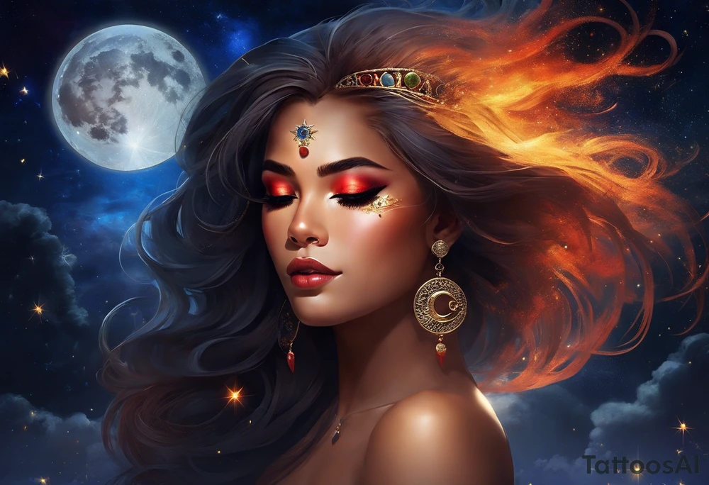 women turning to her side with a small leo zodiac symbol on her forehead, lion scratch scar on her eye and stars, moon and sun floating behind her head. however at the bottom  have her blend away like a smoke effect, you can use Stars or clouds to help fill in space. Also create a somewhat Smokey thin red line wrapping going from the back of the neck to the pinky and overlapping the woman tattoo as well. tattoo idea