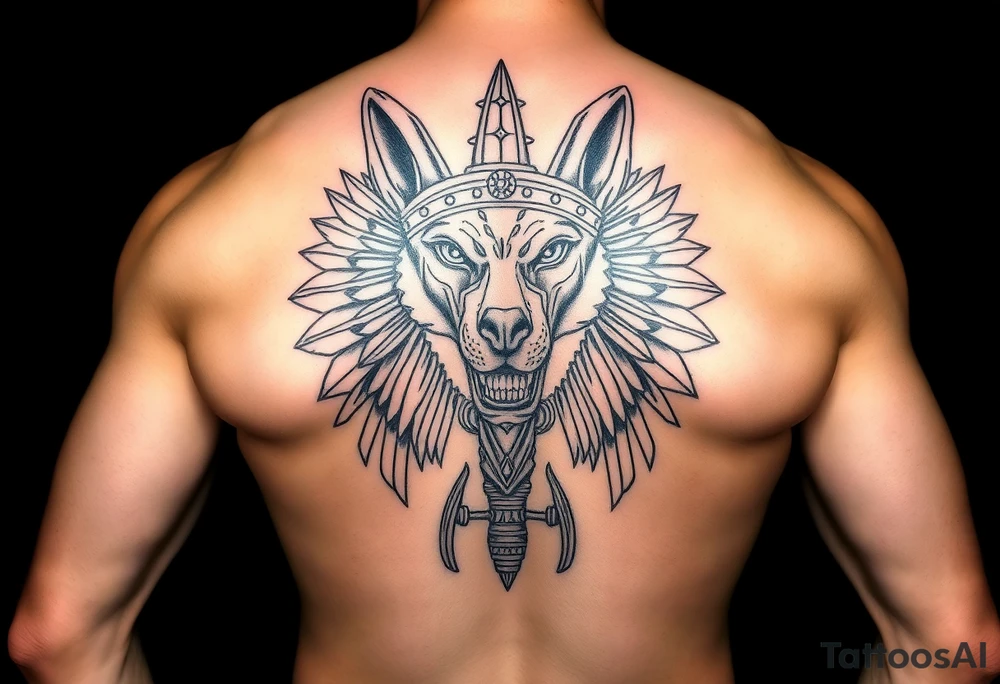 Egyptian Anubis god powerful face muscle in Egypt style with mantle on head dog face surrounded Egyptian symbols tattoo idea