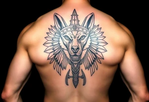 Egyptian Anubis god powerful face muscle in Egypt style with mantle on head dog face surrounded Egyptian symbols tattoo idea