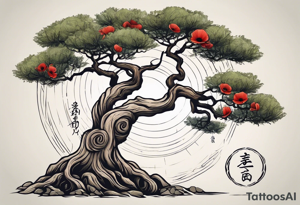 And olive tree with exposed roots, writing out the word for patience in Korean, next to a tree stump with exposed rings, and a small Poppy flower growing out of the ground tattoo idea