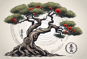 And olive tree with exposed roots, writing out the word for patience in Korean, next to a tree stump with exposed rings, and a small Poppy flower growing out of the ground tattoo idea