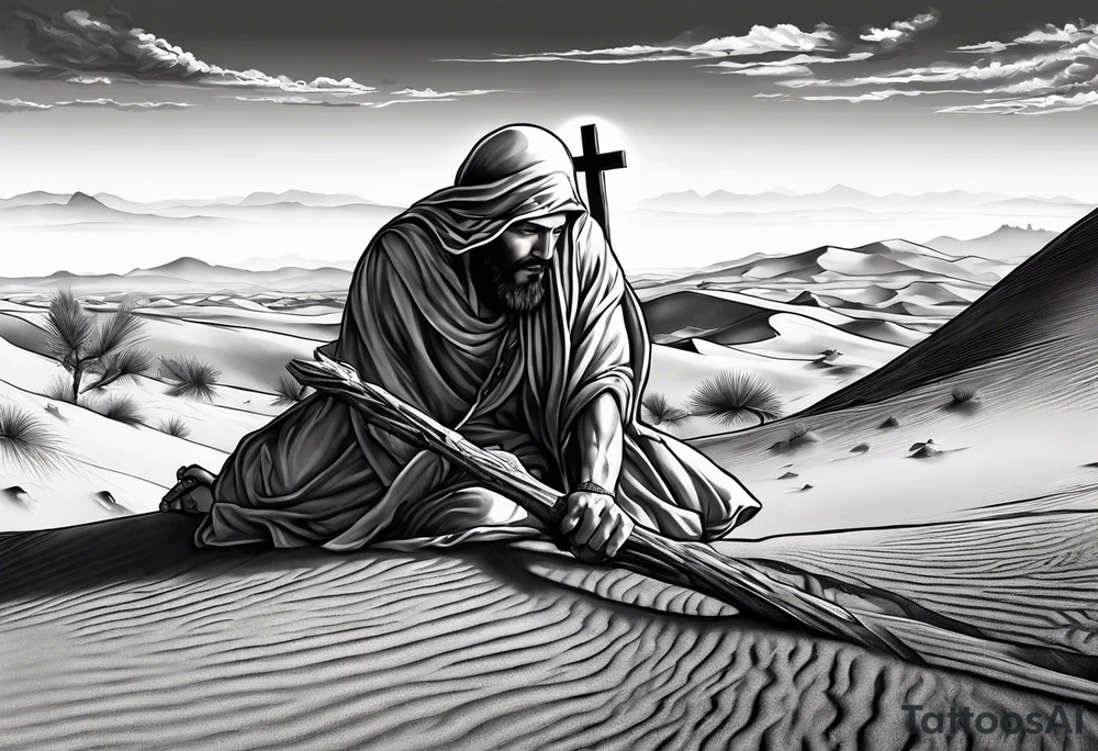 man crawling in a desert reaching to the cross of Christ tattoo idea