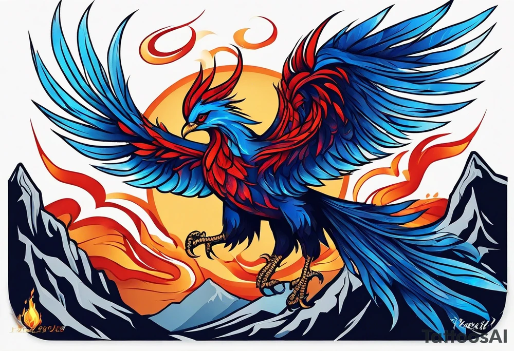Blue and red Phoenix on fire on a mountain tattoo idea