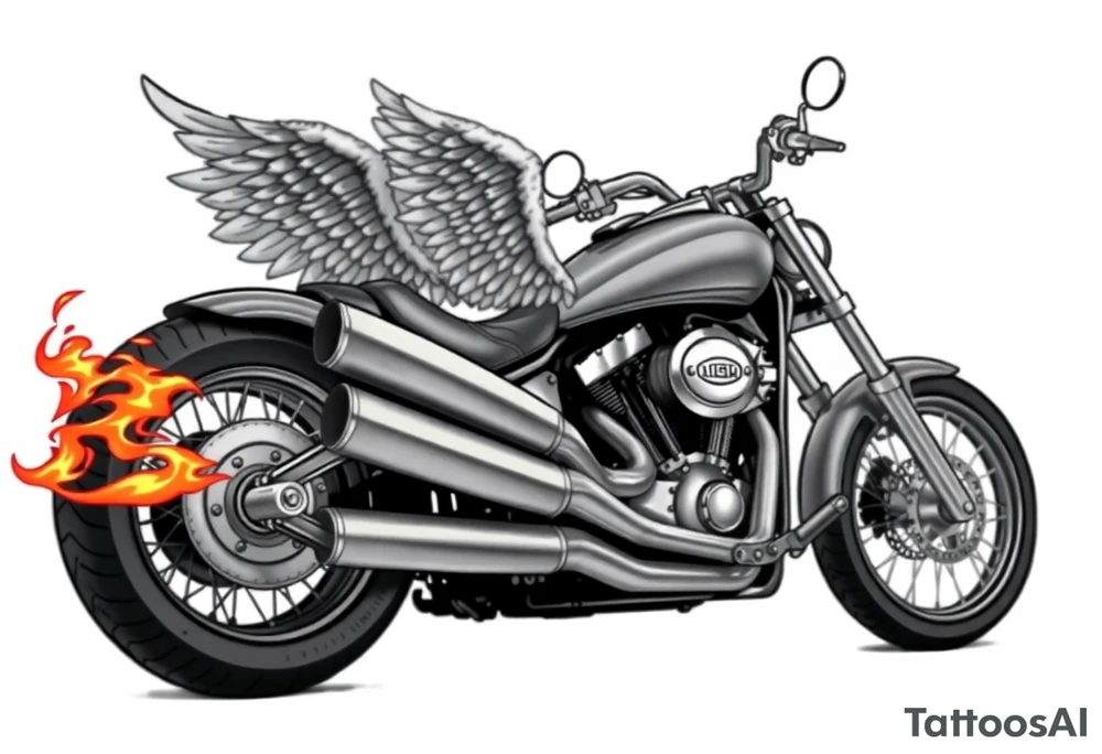 Low rider grey motorcycle, big muffler pipes with flames, angel wings, driving away, no person tattoo idea