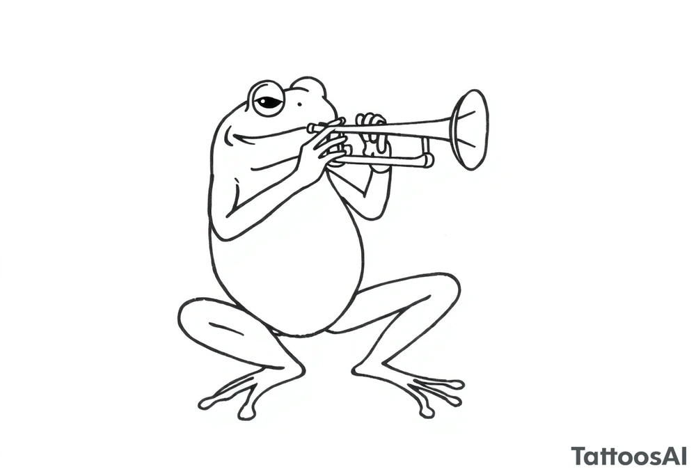 Draw a single continuous line drawing of a frog playing a trumpet, where the entire image is created using only one unbroken black line, with no lifting of the pen and no separate lines. The line must flow smoothly and clearly form the frog and trumpet in a Picasso-inspired, minimalist style. The frog should be easily recognizable, in a jazzy or playful pose, holding and playing the trumpet. No shading, no extra strokes, no background — just one elegant, fluid, uninterrupted line on a white canvas. tattoo idea