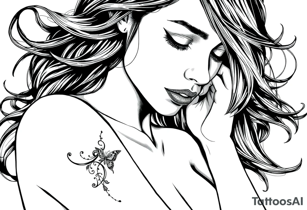 Create a captivating black and white illustration featuring a woman with flowing hair, inspired by the style of Martine Johanna. Incorporate detailed engraving elements reminiscent of Joe Madureira and John Larriva's work, adding a touch of intricacy and depth to the artwork. Infuse influences from Chicano art to bring a unique cultural flair to the composition.

Focus on depicting the woman with realistic yet romantic features, emphasizing her graceful posture and the movement of her flowing tattoo idea