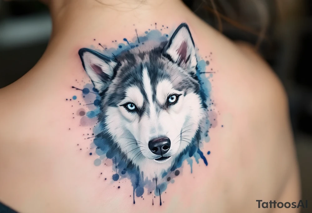Watercolor Husky Face – White and charcoal gray husky head with splashes of soft blue and cold gray watercolor behind, slightly abstract but realistic in facial detail. tattoo idea