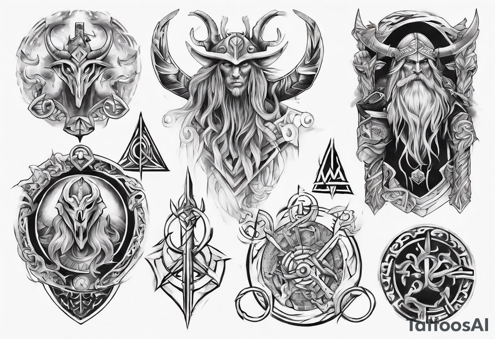 Upper arm sleeve of norse mythology symbols tattoo idea