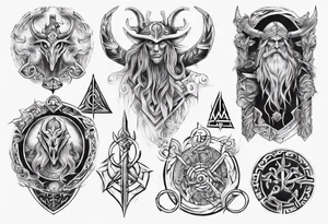 Upper arm sleeve of norse mythology symbols tattoo idea