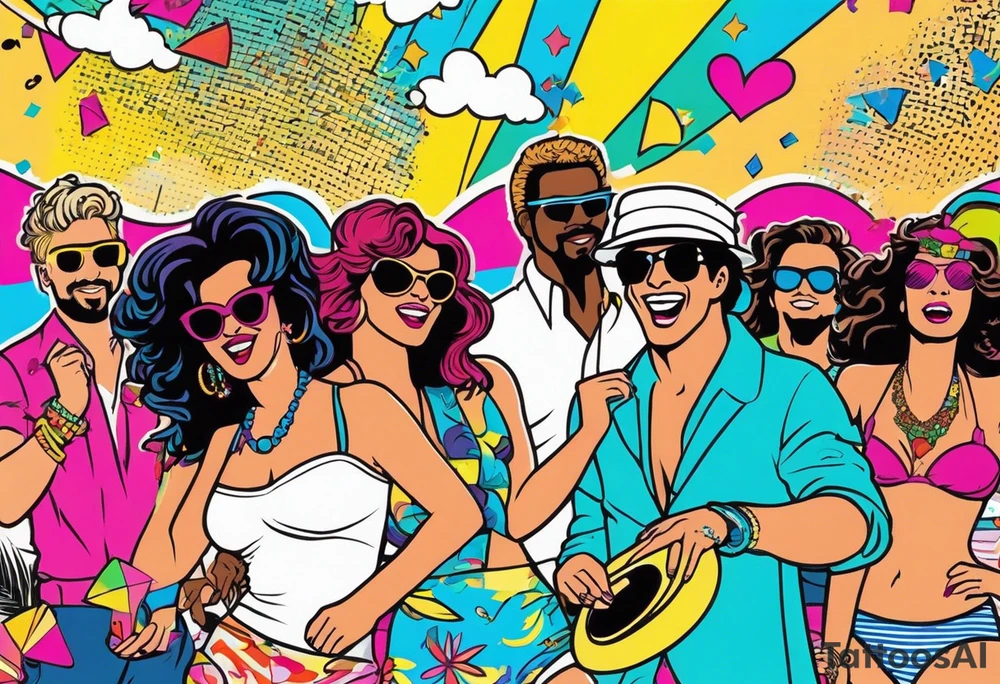 1980's miami vice style beach dance 
party, include confetti, music notes, boom box, bikinis tattoo idea