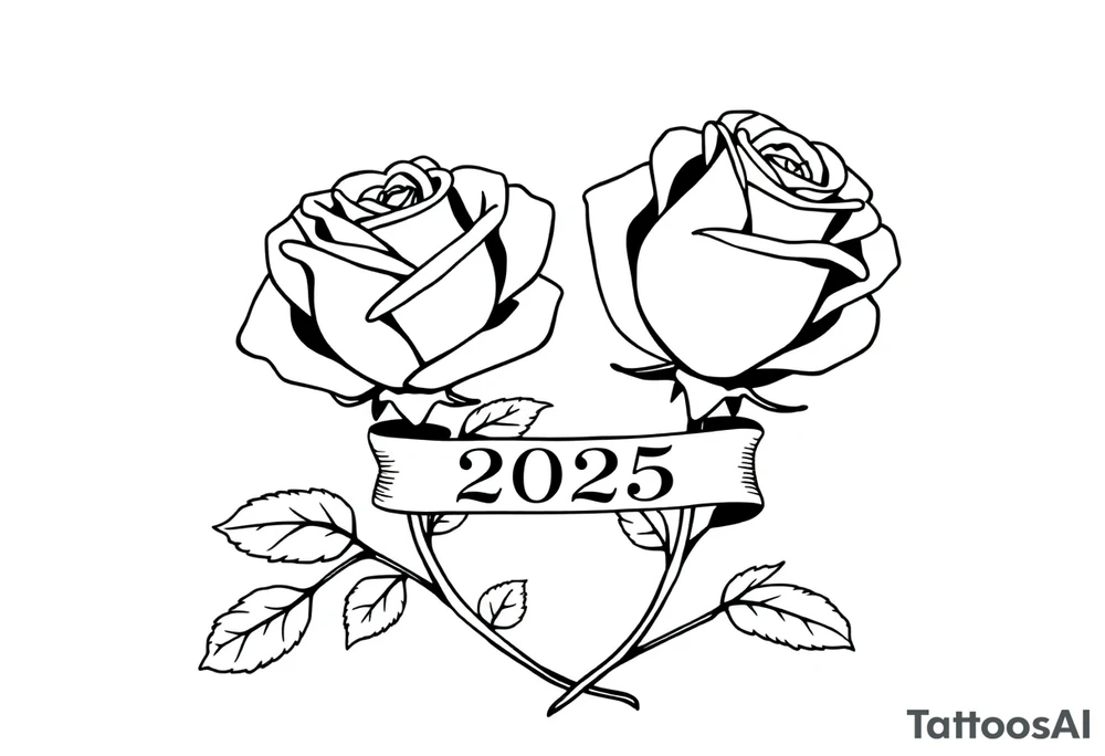 two beautiful large rose buds, one larger than the other, with many leaves next to the rose buds, with one sitting higher than the other. Include a banner connecting the two roses with the year 2025 on it.   Use dark outlines with little shading. The two stems should be short, not long, and connect and join into one stem, whimsically curved or twisted - not straight down. tattoo idea