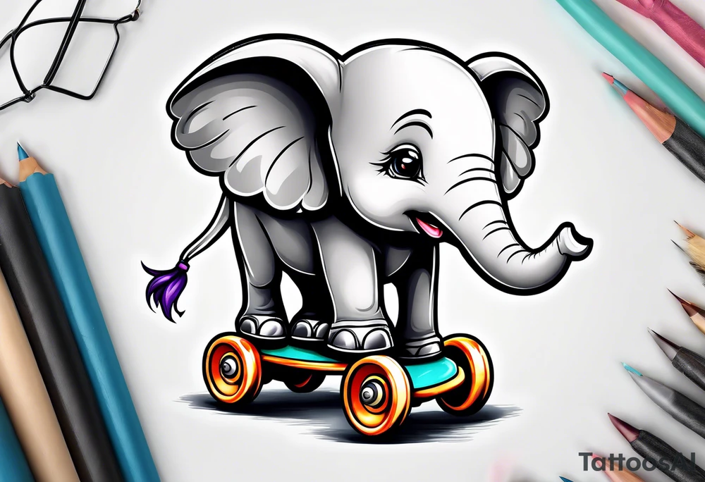 Baby Elephant with roller skates tattoo idea