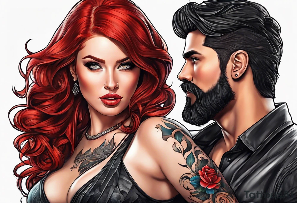 Busty red haired woman with a bearded man who has black hair tattoo idea