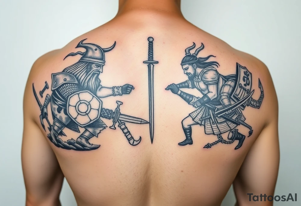 For a full back tattoo create the following battle seen- Viking vs Angus Kahn vs English knight vs Roman gladiator vs Japanese samurai. Note cation fighting and weapons against each other tattoo idea