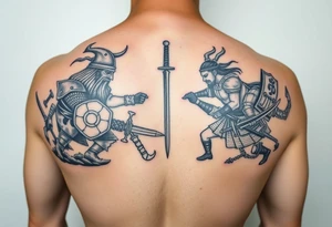 For a full back tattoo create the following battle seen- Viking vs Angus Kahn vs English knight vs Roman gladiator vs Japanese samurai. Note cation fighting and weapons against each other tattoo idea