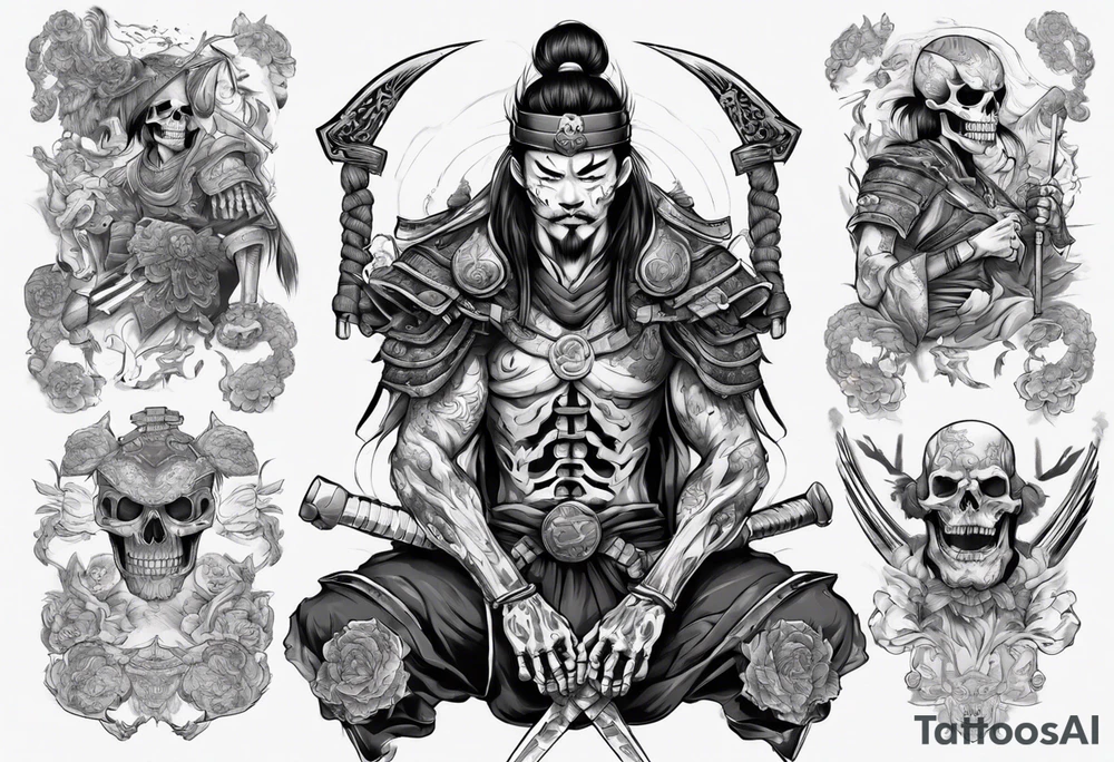 handsome Asian warrior who is also a skeleton tattoo idea