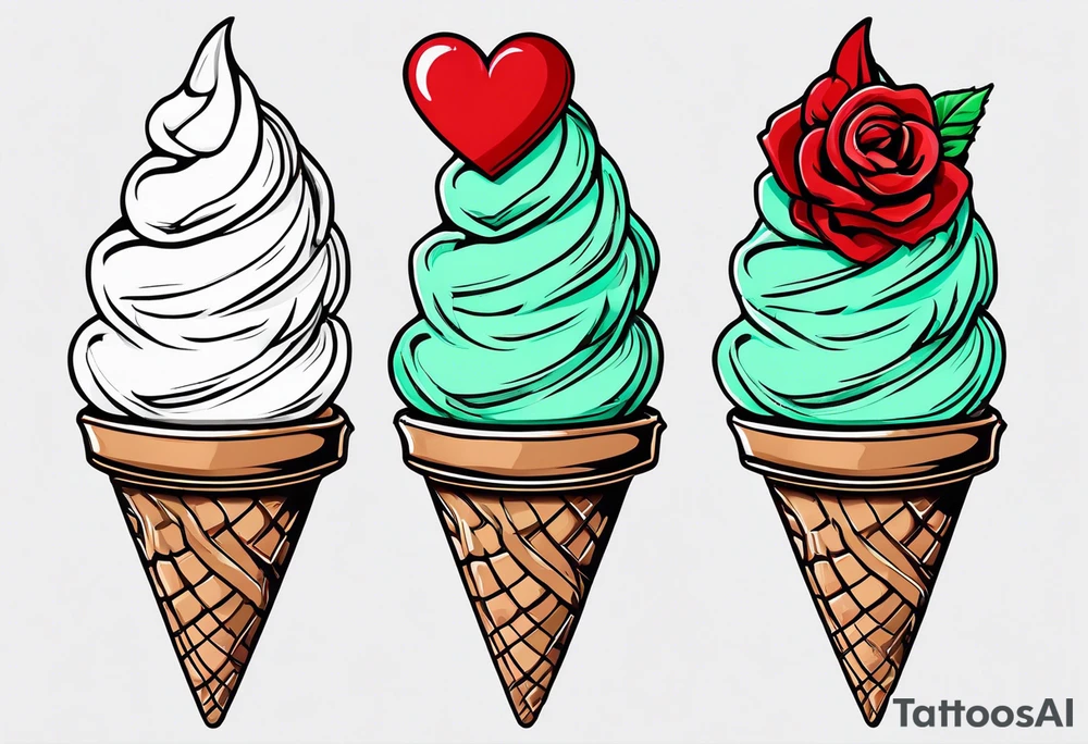 simple mint chocolate chip ice cream cone with small red heart on it somewhere. tattoo idea
