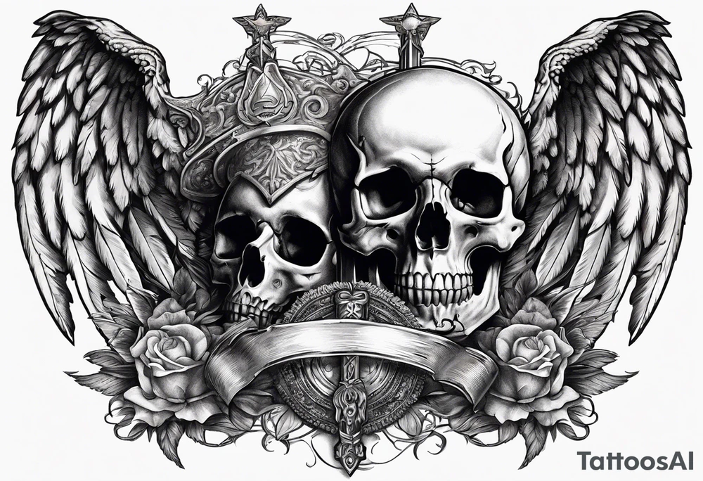 In the center is a half skull pierced by a large sword. On either side of the skull, there are spread angel wings, Beneath the skull is a ribbon tattoo idea