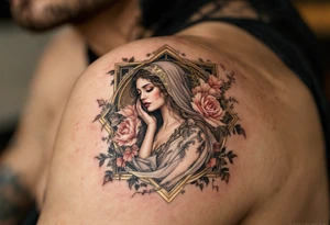 Alfons Mucha’s mythic muse cloaked in earthy browns and rose hues, framed by geometric art nouveau borders in tarnished gold. tattoo idea