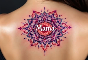 A vibrant mandala in reds and purples surrounding the small word “Mama” in white ink. tattoo idea