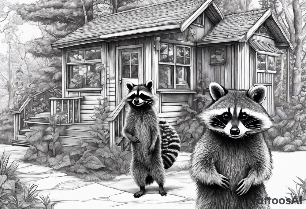 Hard working Raccoon Husband with wife and child.
Background House and woods tattoo idea