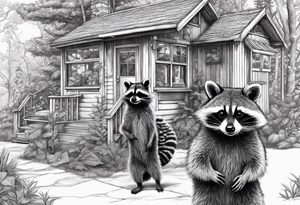 Hard working Raccoon Husband with wife and child.
Background House and woods tattoo idea