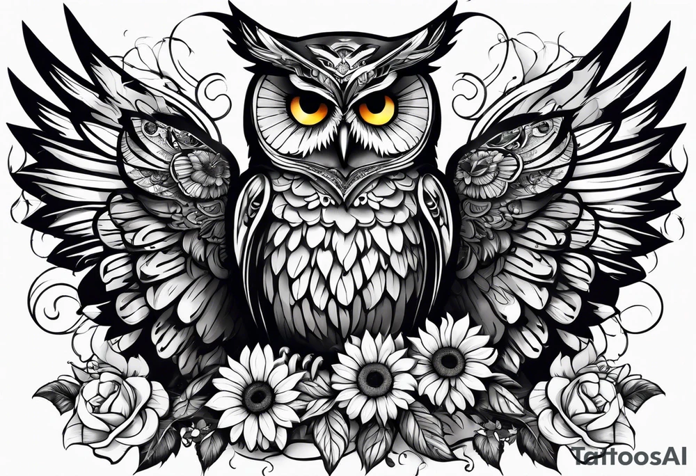 Owl with angel wings, sunflowers and butterflies sleeve tattoo idea