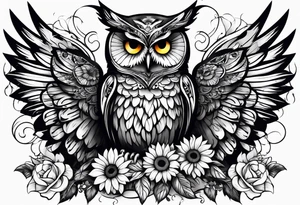 Owl with angel wings, sunflowers and butterflies sleeve tattoo idea