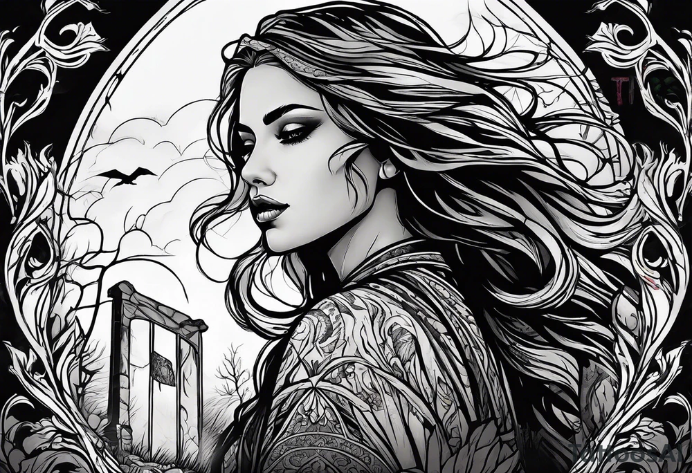 Courageous Woman with a tear running down her face walking out of a graveyard  leaving her old terrifying, scary, violent past behind her ethereal and mysterious tattoo idea