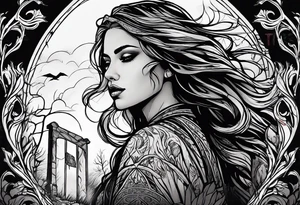 Courageous Woman with a tear running down her face walking out of a graveyard  leaving her old terrifying, scary, violent past behind her ethereal and mysterious tattoo idea