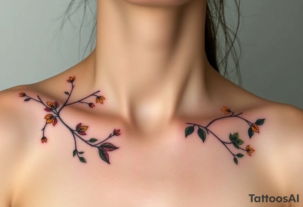 Two separate collarbone tattoos of long, stems and branches covered with red, orange, yellow and dark forest green leaves and flowers, academia, witchy, muted, delicate and gentle but moody, long and thin, following the collarbone. More muted, not so bright, darker colors. Fewer amount of leaves, larger leaves. Less flowers and leaves. tattoo idea