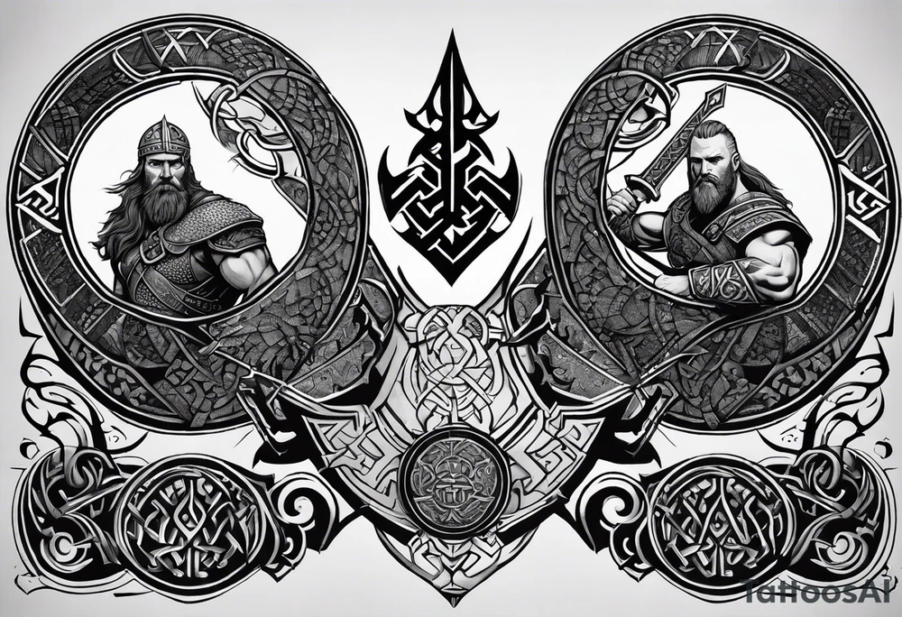 Viking theme in a half circle going from under the pectoral muscle to the hip. like Baldur from God of War 4. Stippling shading and runes. tattoo idea